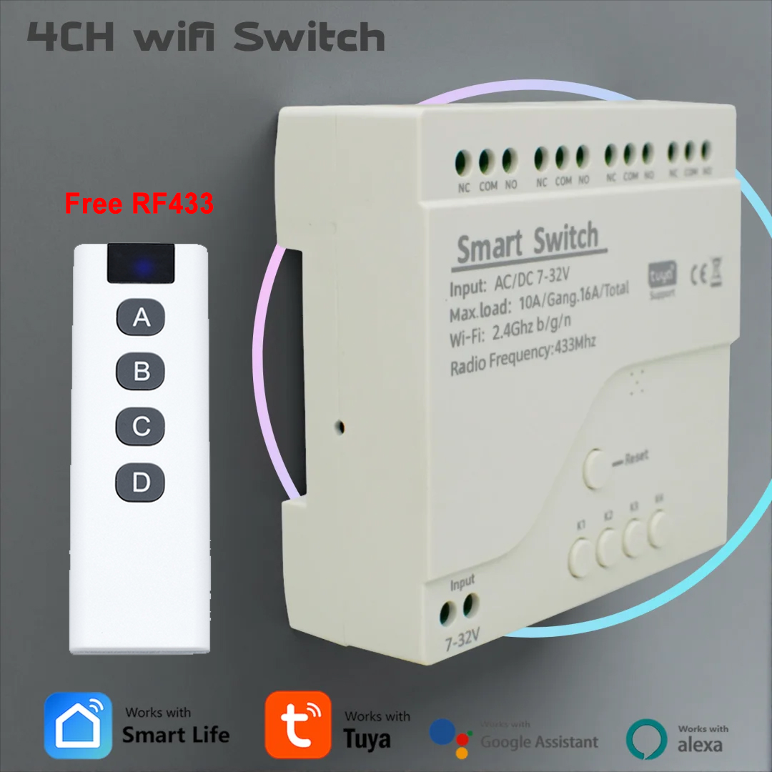 Tuya 4 Channel - 4-kanaals Wifi-stroomonderbreker Tuya Smart Switch 12V